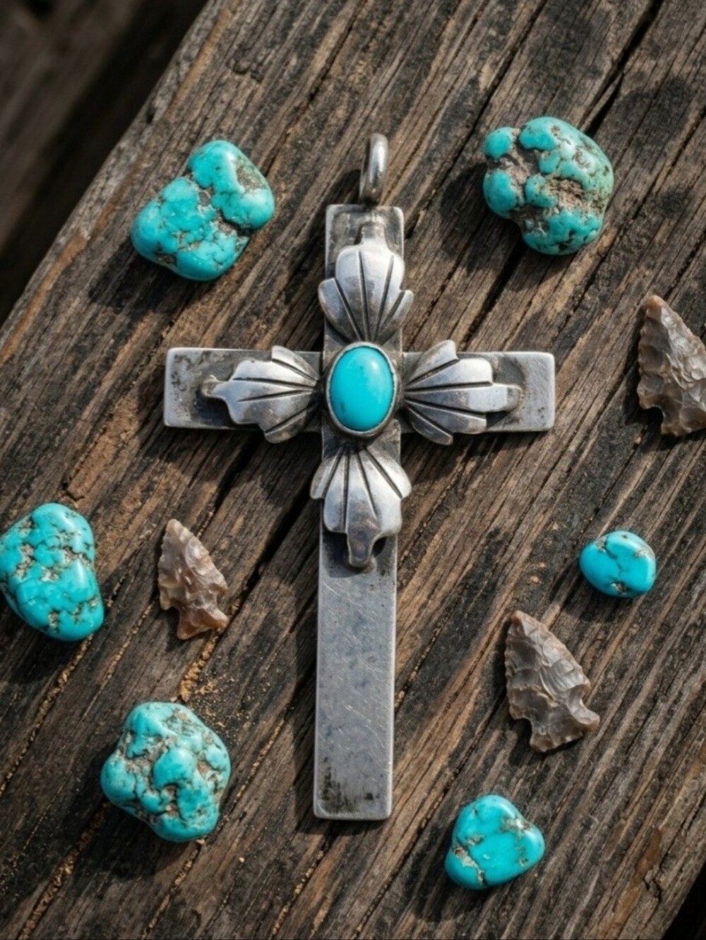 Vintage Navajo Katherine Pino Sterling Cross Crucifix Pendant With Turquoise.
